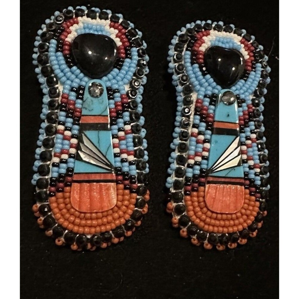HUGE Handmade Beaded Orange Spiny Oyster Onyx Statement Earrings Indigenous Art